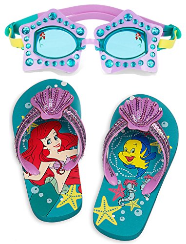 Disney Store Ariel The Little Mermaid Flip Flop Sandals and Swim Goggles Set