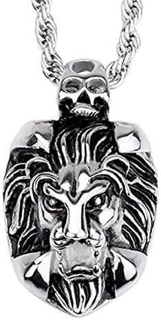 Men Stainless Steel Cool Lion Head Pendant with 24 Inch Long Braided Stainless Steel Chain Necklace (KP26776-D)