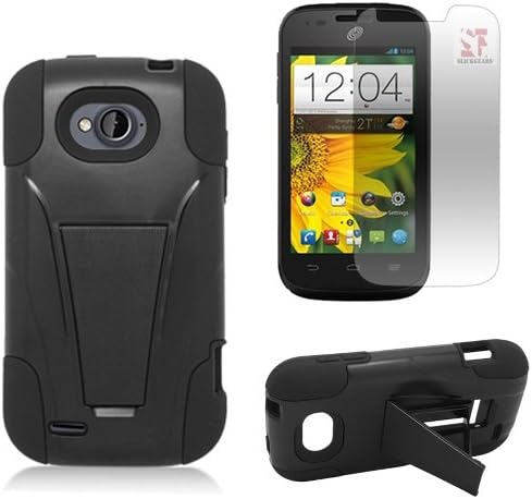 [SlickGearsTM] Heavy Duty Dual Layer Impact Armor Kickstand Case for ZTE Reef N810 aka ZTE AWE N800 (Virgin Mobile) ZTE Savvy Z750C (Straight Talk, Net10, TracFone) + Premium Screen Protector Combo (Black)