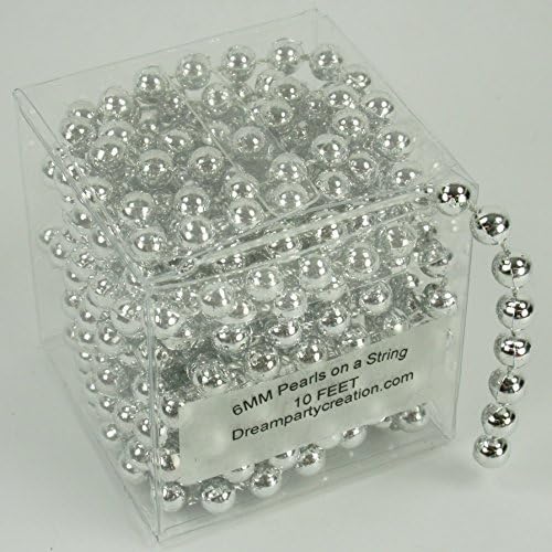 6MM Faux Pearl Plastic Craft Beads on a String - 10 Feet in a Clear Box - Choose Color (Metallic Silver)