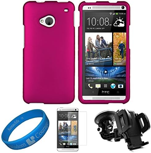 (Pink) Durable 2 Piece Snap-On Crystal Hard Case Faceplate Cover for HTC One M7 Android Smartphone + Clear Anti Glare Screen Protector Strip w/ Cleaning Cloth + Universal Windshield Mount Holder with Suction Cup Holder