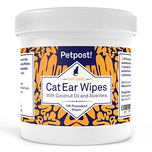 Petpost | Cat Ear Cleaner Wipes - 100 Ultra Soft Cotton Pads in Coconut Oil Solution - Treatment for Cat Ear Mites & Cat Ear Infections