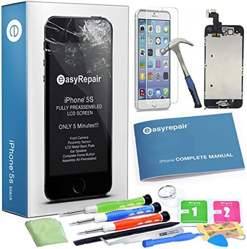 EasyRepair - iPhone 5S Black Replacement Screen LCD Display - Only 5 min Repair - Full Assembly - Premium Tool Kit, Step by Step Book Camera Ear-Speaker Flex already assembled - Glass Screen Protector