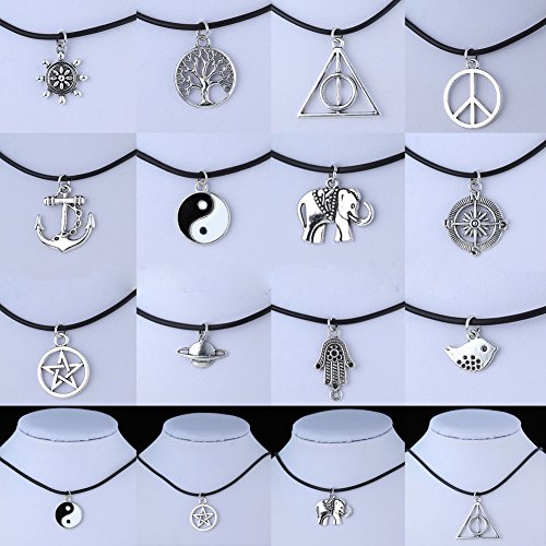PS Retro Charm Pendant Necklace Tibetan Silver Boho Black Rubber Man-made Leather Cord