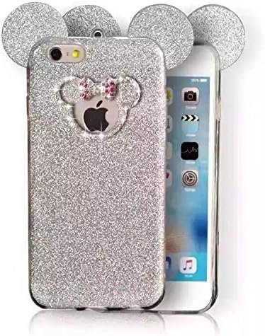 iPhone 6 Case -SpicyQ® Fashion 3D Handmade Lovely Cute Mickey Mouse Ear Design with Shiny Bling Diamond Bow-tie Sparkle Glitter TPU Cover Case for iPhone 6 6S (Silver)