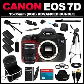 Canon EOS 7D 18 MP CMOS Digital SLR Camera with 3-Inch LCD and Canon EF-S 15-85mm f/3.5-5.6 IS USM UD Wide Angle Zoom Lens (8GB Advanced Bundle Kit) includes x3 Batteries, Charger, Case, Memory Card, Memory Card Wallet, HDMI Cable, Table Tripod, Full Size Tripod, Monopod, USB Card Reader, x3 Filters