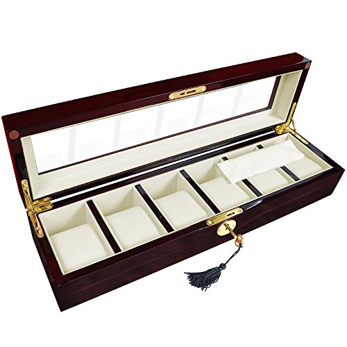 6 XL Slot Mens Watch Wood + Glass Top Display Case Jewelry Collection Storage...