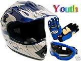 TMS Youth Blue Flame ATV Dirt Bike Motocross Helmet with Goggles and Gloves (Large)