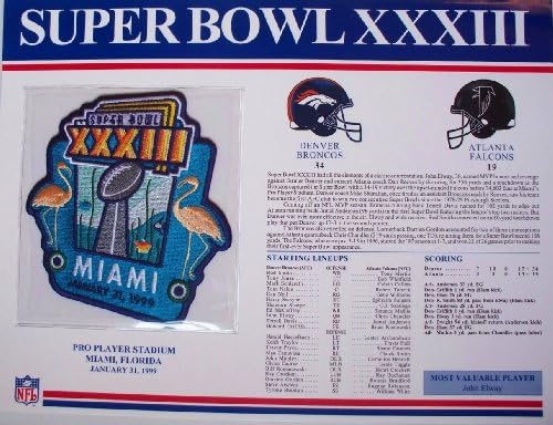 1998 Denver Broncos vs Atlanta Falcons NFL Super Bowl 33 (XXXIII) 1999 John Elway MVP Willabee Ward Patch and Stat Panel Card