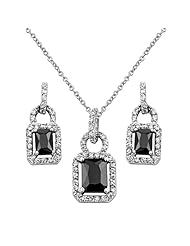 .925 Sterling Silver CZ Contrast Emerald Cut Hanging Earrings and Matching Pendant-Necklace Set with 1.2mm Cable Rolo Chain - 16"+1" Inches Extension