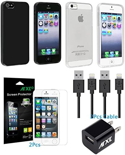 ATXE 2pcs TPU Rubber Skin Case Compatible for Apple iPhone 5 5S + Wall charger+2 data cable+2 Screen Protect for iPhone 5 / 5S