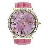 Peugeot Ladies Pink Genuine Leather Snap Bangle Watch with a Gold Tone Swarovski Crystal Bezel and... by Peugeot