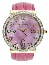Peugeot Ladies Pink Genuine Leather Snap Bangle Watch with a Gold Tone Swarovski Crystal Bezel and Pink Toned Mother of Pearl Dial