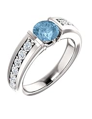14K White Gold 6.00mm Round Cut Sky Blue Topaz and Diamond Ring -- LIFETIME WARRANTY