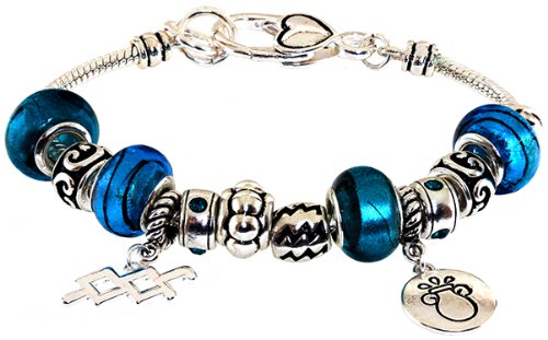Royal Diamond Aquarius Zodiac Sign Charm Bracelet with Heart Lock and Murano Beads. January 21 - February 18