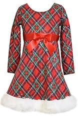 Girls Long Sleeves  Scoop Neck Plaid Print Cotton/Satin/Spandex Fit-and-Flare  Dress With a Bow(s) and a Ribbon 