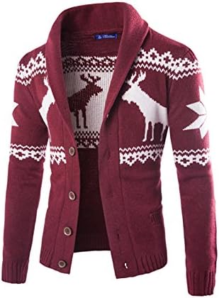 Men's Cotton Christmas Sweater Elk Cardigan Sweater With Shawl Collar Wine Red(L, Wine Red)