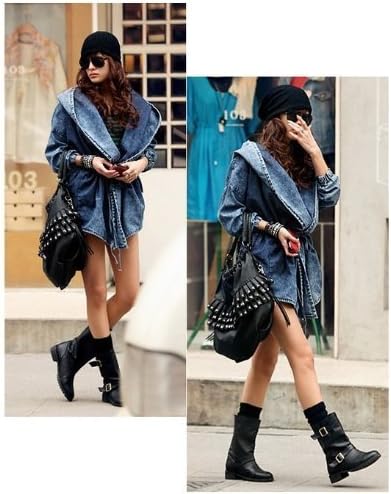 Women's Denim Trench Coat Hoodie Outerwear (Blue)