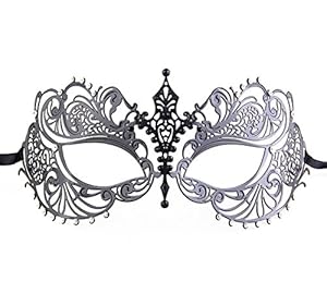 Luxury Mask Women's Laser Cut Metal Venetian Pretty Masquerade Mask, Black Black/Clear Stones, One Size