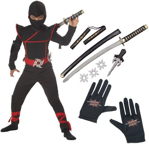Stealth Ninja Child Costume with Gloves and Ninja Weapon Kit, Husky (8-10)