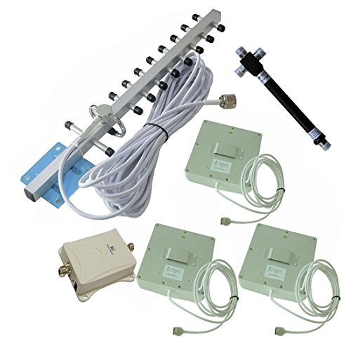 Signalbox 70dB High Gain 1000 Spuare Meter 2100MHz Cell Phone Signal Repeater Mobile Phone Signal Booster Yagi Outdoor Antenna + 3 Panel Indoor Antennas with 25m Black Cable (White Cable)