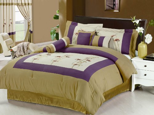 7 Pcs Embroidery Floral Comforter Set Bed In A Bag Queen Beige