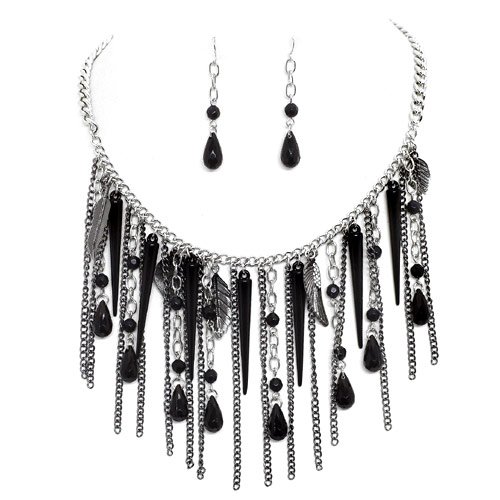 Charm Statement Necklace Set Silver, Gunmetal, And Black Metal with Black Beads, Leaf, Spike, And Wing Charms