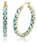 14k Yellow Gold Blue Topaz Hoop Earrings