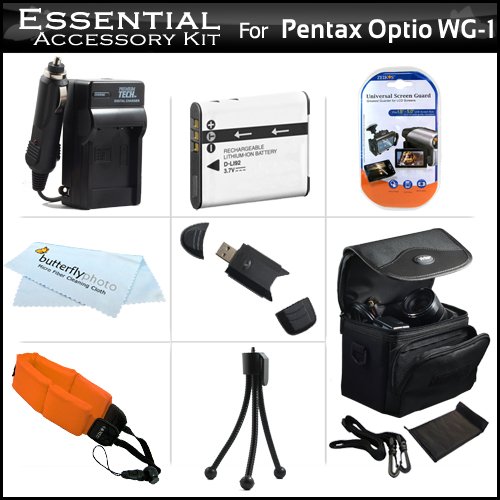 Essential Accessory Kit For Pentax Optio WG-1, WG-2, WG-3, WG-3 GPS Waterproof Digital Camera Includes Extended (1000Mah) Replacement D-LI92 Battery + Ac/Dc Rapid Travel Charger + Deluxe Case + STRAP FLOAT + USB 2.0 Reader + LCD Screen Protectors + More