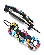 2 Black and Multi Colored Open Round Rhinestone Circle Snap Hair Barette Clips