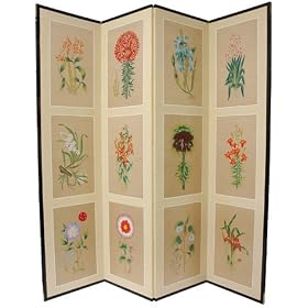 Floral Design Asian Art Room Divider - 6ft. 12 Flowers Japanese Folding Privacy Floor...