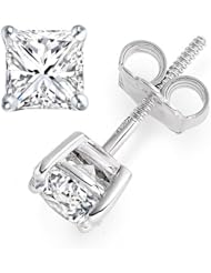 IGI Certified 1 1/2 Carat Princess Cut Diamond Stud Earrings 14K White Gold 4 Prong Screw Back (J-K Color,Eye Clean)