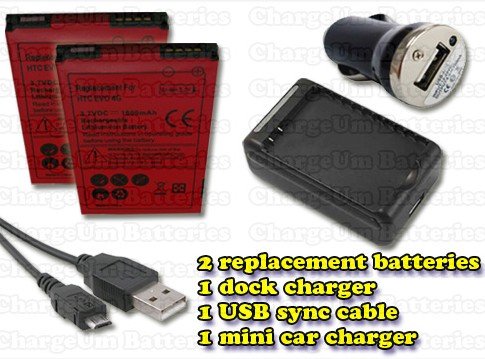 HTC EVO 4G 2X Battery + External Dock Charger + Universal Car Auto Charger + USB Sync Cable Wall Home Travel Spare