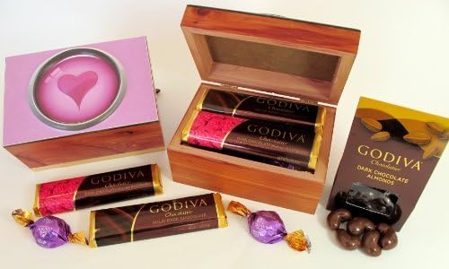 Valentine's Day Gift, Assorted Godiva Chocolates, with an Aromatic Cedar Keepsake Trinket Box Filled with Assortment of Godiva Chocolate Cashews, Gems. and Bars