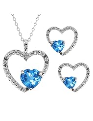 2.19 Ct Heart Shape Swiss Blue Topaz 18k White Gold Pendant Earrings Set