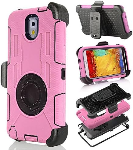 Yyue Ultra Shock&amp;drop-proof Amy-grade Protective Hard Defender Case and Three Layer Hard Shell Cover Holster with 360 Degree Rotating Ring Bracket Protective Case for Samsung Galaxy Note 3 III N9000-- TPU Rubber &amp; Silicone Case with Stand &amp; Clip for Samsung Galaxy Note 3 III N9000 (Pink +Black)