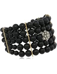 Fern Freeman 22K and Rhodium Silver Pave Diamond Flower Onyx Bead Cuff Bracelet, 7.382"