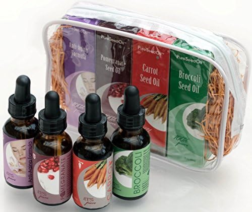 All Natural Pure-Seed-Oil. 4 Pack of Cold-Pressed-Undiluted-Carrier-Oil includes Pomegranate-Oil, Carrot-Oil, Broccoli-Oil and Anti-Aging Chia, Black Cumin, Black Raspberry and Carrot Seed Oils