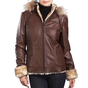 Jessie G. Women's Faux Shearling Trim Crop Lambskin Leather Hooded Jacket