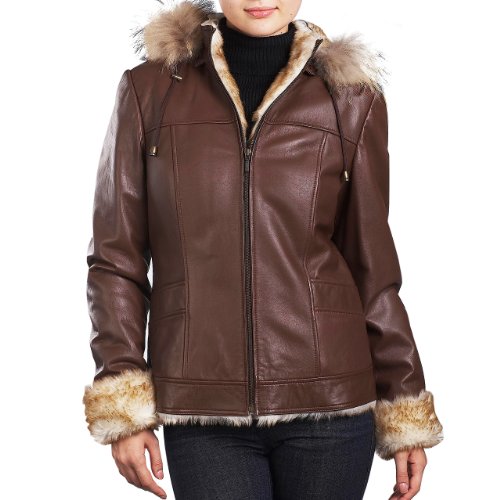 Jessie G. Women's Faux Shearling Trim Crop Lambskin Leather Hooded Jacket - Espresso L
