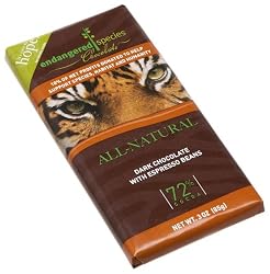 Endangered Species Tiger, Dark Chocolate (72%) with Espresso Beans, 3-Ounce Bars (Pack of 12)