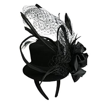 Cocktail Black Mini Top Hat with Net Trim Feathered Headband