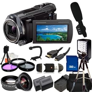 Sony HDR-PJ650 Full HD 32GB Camcorder with Wide Angle, Telephoto, Filter Kit, 32GB SD, Reader, 2 Extended Life Replacement Batteries, Charger, HDMI, LED Video light, Shotgun Microphone, Stabilizer, Case, Tripod - SSE Accessory Kit