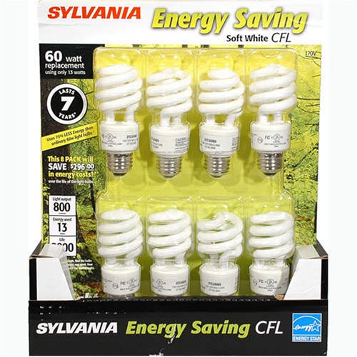 8-Pack Sylvania 60 watt equiv CFL Compact Flourescent Light Bulbs