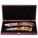 Maxam 2pc Wild West Knife Set Faux Antler Handle Wood Presentation Box Cowboy Frontier Scene