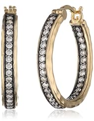 Bronze and 18K Yellow Gold Plated Two-Tone Simulated Diamond Hammered Hoop Earrings