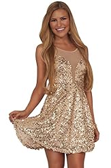 Junior V-neck Sleeveless Sequined Sheer Mesh Stretchy Cocktail Thigh Length Empire   Waistline Polyester Fit-and-Flare Party Dress/Mini Dress 