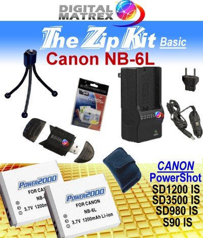 TheZipKit Basic for CANON PowerShot SD3500 IS. Includes: 2 NB-6L 1200mAh Ultra High Capacity Batteries made with cells produced in JAPAN or USA, Table-Top Wire Tripod, 110/240 Mini Charger with fold out plug and a DC car adapter, SD/SDHC Card Reader, LCD Protection Film Kit and more. NON OEM.. Compatible with CANON PowerShot SD3500 IS.