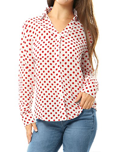 Allegra K Women Polka Dots Point Collar Convertible Sleeve Portofino Shirt