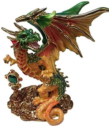 Pewter Dragon Figurine with Crystals Hand Painted Orange and Green Viridis